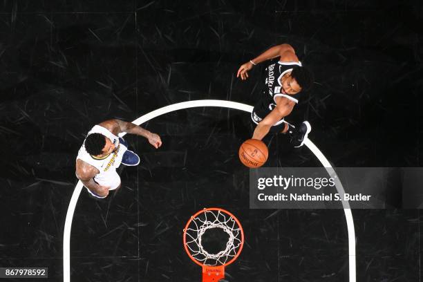 Spencer Dinwiddie of the Brooklyn Nets drives to the basket against the Denver Nuggets on October 29, 2017 at Barclays Center in Brooklyn, New York....