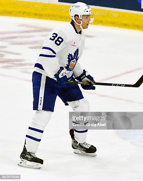 Colin Greening of the Toronto Marlies watches the play develop against the Laval Rocket during AHL game action on October 28, 2017 at Ricoh Coliseum...