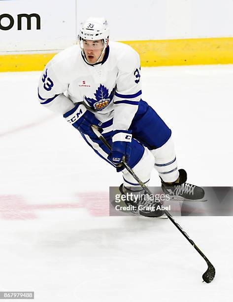 Frederik Gauthier of the Toronto Marlies turns up ice against the Laval Rocket during AHL game action on October 28, 2017 at Ricoh Coliseum in...