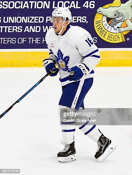 Kerby Rychel of the Toronto Marlies skates up ice against the Toronto Marlies during AHL game action on October 28, 2017 at Ricoh Coliseum in...