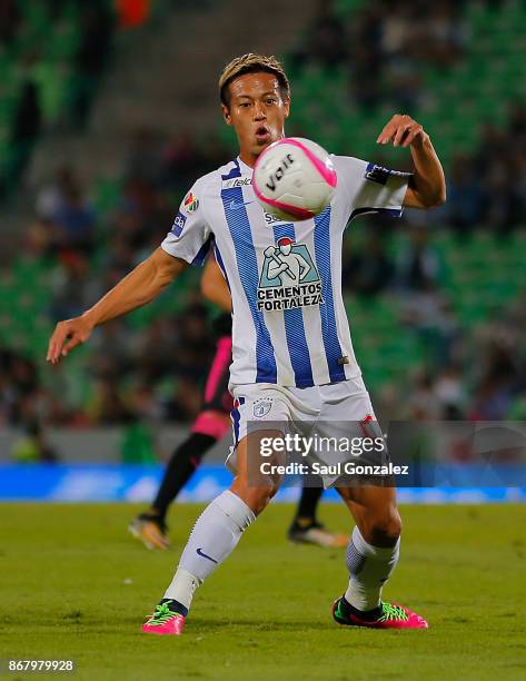 Keisuke Honda of Pachuca controls the ball during the 15th round match between Santos Laguna and Pachuca as part of the Torneo Apertura 2017 Liga MX...