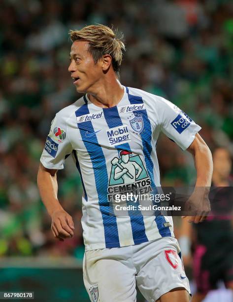 Keisuke Honda of Pachuca celebrates after scoring the second goal of his team during the 15th round match between Santos Laguna and Pachuca as part...