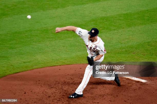 Luke Gregerson of the Houston Astros pitches during Game 5 of the 2017 World Series against the Los Angeles Dodgers at Minute Maid Park on Sunday,...