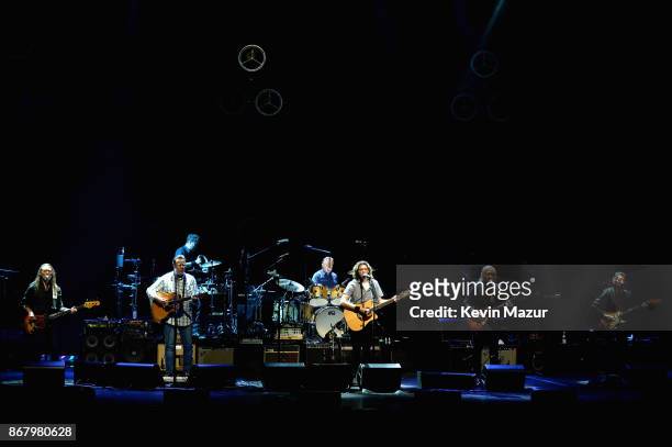 Timothy B.Schmit, Vince Gill, Don Henley, Deacon Frey, Joe Walsh, and Steuart Smith of the Eagles perform during SiriusXM presents the Eagles in...