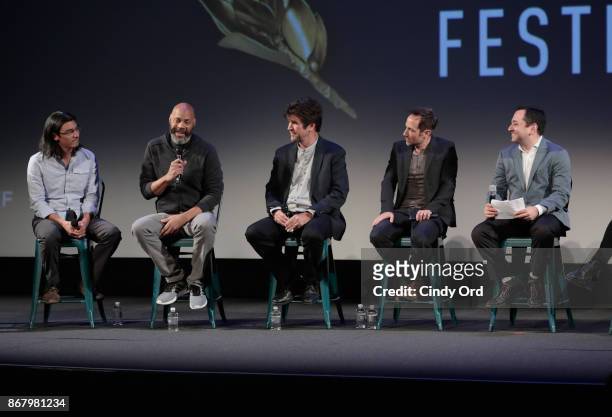 Jeff Orlowski, John Ridley, Greg Barker, Bryan Fogel, and moderator Scott Feinberg onstage at Docs To Watch panel during the 20th Anniversary SCAD...
