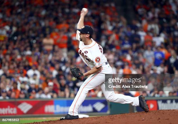 Luke Gregerson of the Houston Astros pitches during Game 5 of the 2017 World Series against the Los Angeles Dodgers at Minute Maid Park on Sunday,...