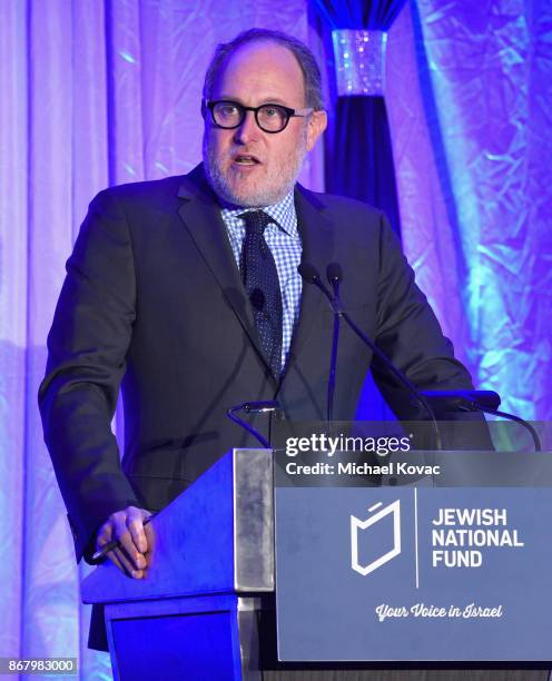 Jon Turteltaub speaks onstage during the Jewish National Fund Los Angeles Tree Of Life Dinner at Loews Hollywood Hotel on October 29, 2017 in...