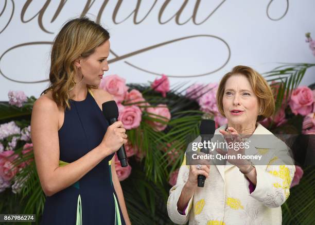 Francesca Cumani and Trainer Gai Waterhouse speak during the Melbourne Cup Carnival Launch at Flemington Racecourse on October 30, 2017 in Melbourne,...