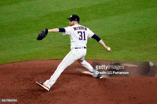 Collin McHugh of the Houston Astros pitches during Game 5 of the 2017 World Series against the Los Angeles Dodgers at Minute Maid Park on Sunday,...
