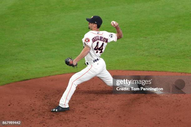 Luke Gregerson of the Houston Astros throws a pitch during the fourth inning against the Los Angeles Dodgers in game five of the 2017 World Series at...