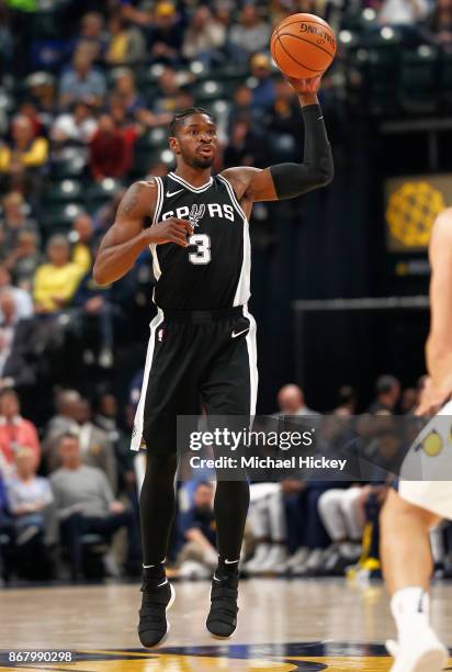 Brandon Paul of the San Antonio Spurs is seen during the game against the Indiana Pacers at Bankers Life Fieldhouse on October 29, 2017 in...