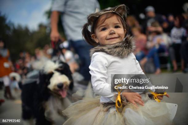 Participants walk during the Haute Dog Howl'oween Parade on October 29, 2017 in Long Beach, California.