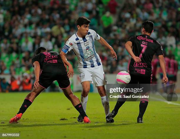Erick Gutierrez of Pachuca fights for the ball during the 15th round match between Santos Laguna and Pachuca as part of the Torneo Apertura 2017 Liga...
