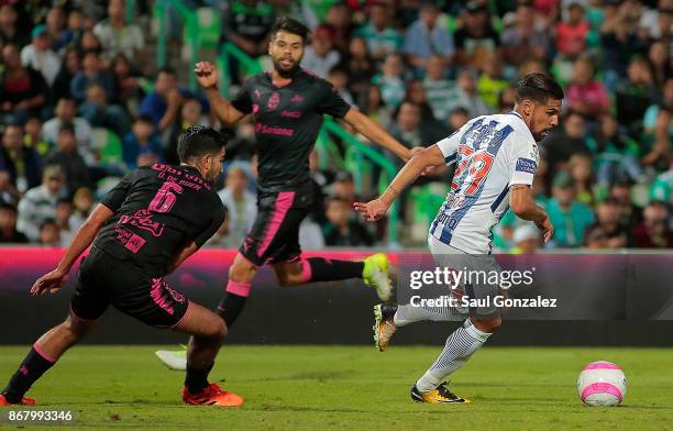 Franco Jara of Pachuca and Diego de Buen of Santos fights for the ball during the 15th round match between Santos Laguna and Pachuca as part of the...