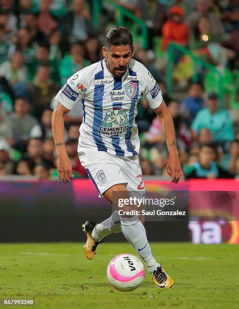 Franco Jara of Pachuca drives the ball during the 15th round match between Santos Laguna and Pachuca as part of the Torneo Apertura 2017 Liga MX at...