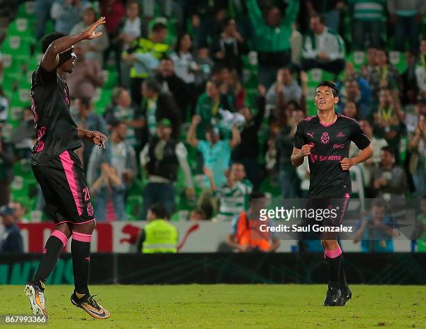Djaniny Tavares of Santos celebrates after scoring the second goal of his team during the 15th round match between Santos Laguna and Pachuca as part...