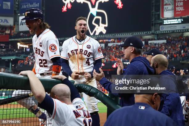 George Springer of the Houston Astros reacts after a run during the seventh inning against the Los Angeles Dodgers in game five of the 2017 World...