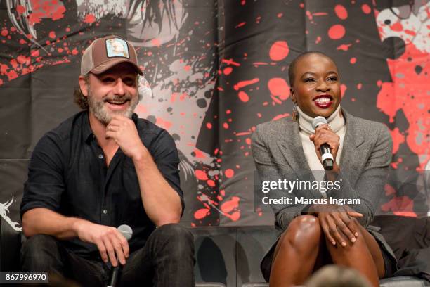 Actor Andrew Lincoln and actress Danai Gurira onstage during the 2017 Walker Stalker Con Atlanta at Georgia World Congress Center on October 29, 2017...