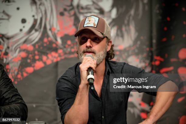 Actor Andrew Lincoln speaks onstage during the 2017 Walker Stalker Con Atlanta at Georgia World Congress Center on October 29, 2017 in Atlanta,...