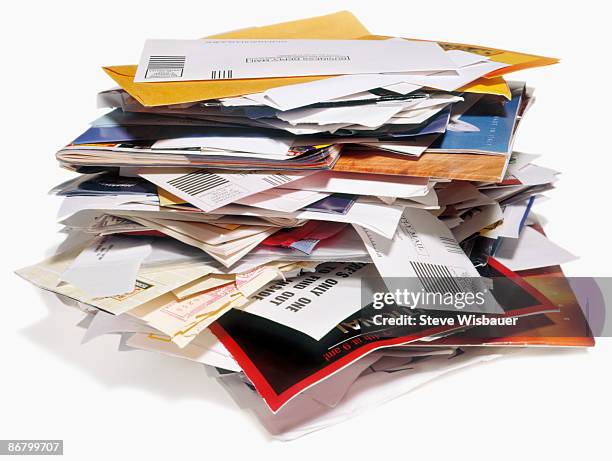 pile of unwanted bills and junk mail to recycle - junk mail stock pictures, royalty-free photos & images