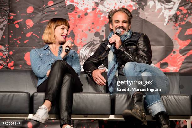 Actress Pollyanna McIntosh and actor Steven Ogg onstage during the 2017 Walker Stalker Con Atlanta at Georgia World Congress Center on October 29,...