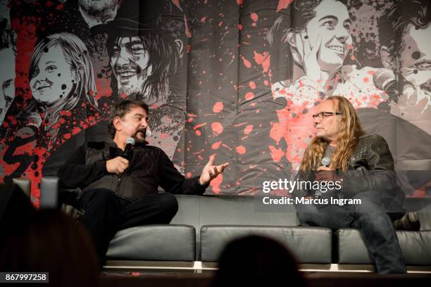Actor Tom Savini and special effects make-up artist Greg Nicotero onstage during the 2017 Walker Stalker Con Atlanta at Georgia World Congress Center...