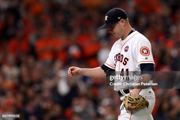 Brad Peacock of the Houston Astros looks on during the eighth inning against the Los Angeles Dodgers in game five of the 2017 World Series at Minute...