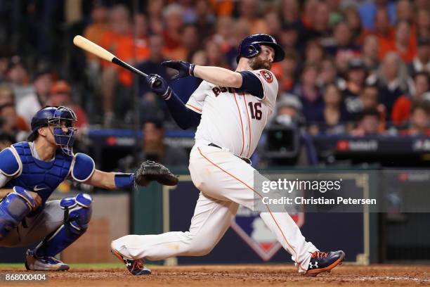Brian McCann of the Houston Astros hits a solo home run during the eighth inning against the Los Angeles Dodgers in game five of the 2017 World...