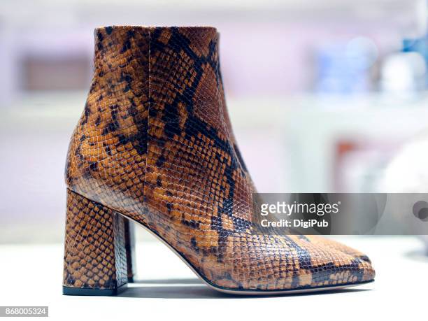 women's snake leather ankle boots - schlangenleder stock-fotos und bilder