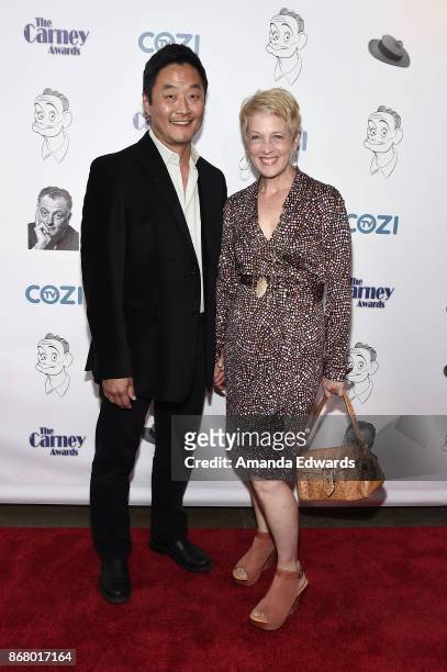 Actor Steve Park and comedian Kelly Coffield Park arrive at the 3rd Annual Carney Awards at The Broad Stage on October 29, 2017 in Santa Monica,...