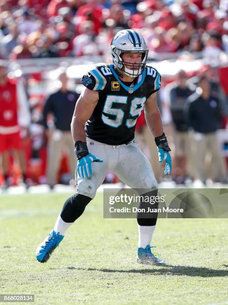 Linebacker Luke Kuechly of the Carolina Panthers during the game against the Tampa Bay Buccaneers at Raymond James Stadium on October 29, 2017 in...