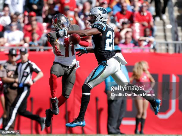 Cornerback Daryl Worley of the Carolina Panthers breaks up a pass intended for Wide Receiver DeSean Jackson of the Tampa Bay Buccaneers during the...