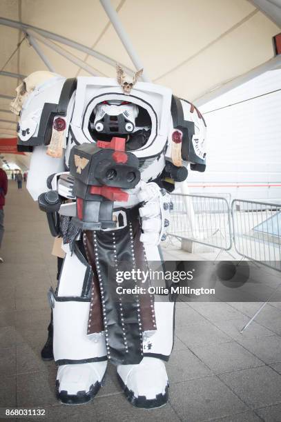 Cosplayer in character as a Warhammer 40,000 Terminator space marine during Day 3 of the MCM London Comic Con 2017 held at the ExCel on October 29,...