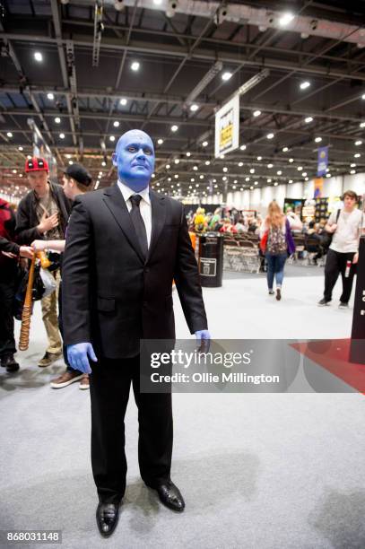 Cosplayer in character as Dr Manhattan from Watchmen during Day 3 of the MCM London Comic Con 2017 held at the ExCel on October 29, 2017 in London,...