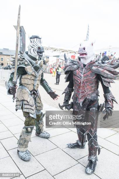 Cosplayer in character as a Skyrim armoured Unicorn and another as a unicorn version during Day 3 of the MCM London Comic Con 2017 held at the ExCel...