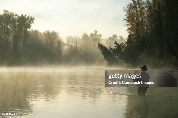 man fly-fishing in elk river - fly fishing fotografías e imágenes de stock