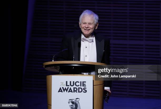 Recipient of Achievement in Photojournalism Award, Steve Schapiro speaks at the 15th Annual Lucie Awards at Carnegie Hall on October 29, 2017 in New...