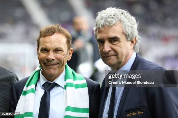 President Roland Romeyer of Saint Etienne and Sport Director Dominique Rocheteau of Saint Etienne during the Ligue 1 match between Toulouse and AS...