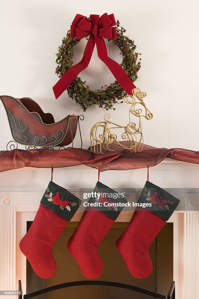 Mantel decorated for Christmas