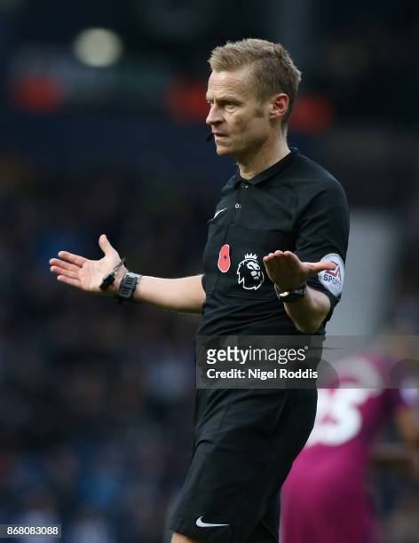 Referee Michael Jones during the Premier League match between West Bromwich Albion and Manchester City at The Hawthorns on October 28, 2017 in West...