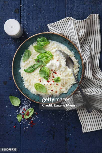 ricotta, mascarpone and mozzarella cheese risotto - basil stock pictures, royalty-free photos & images