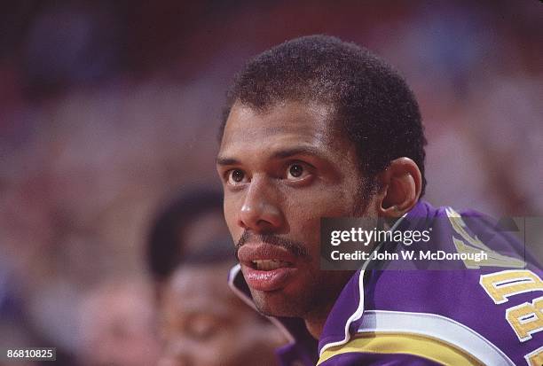 Closeup of Los Angeles Lakers Kareem Abdul-Jabbar on sidelines bench before game vs Utah Jazz at Thomas & Mack Center. Abdul-Jabbar broke record for...