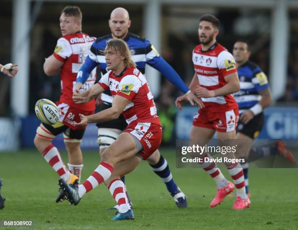 Billy Twelvetrees of Gloucester passes the ball during the Aviva Premiership match between Bath Rugby and Gloucester Rugby at the Recreation Ground...