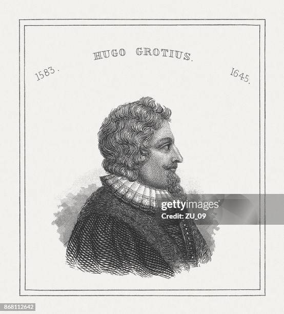 hugo grotius (1583-1645), dutch philosopher, steel engraving, published in 1843 - international law stock illustrations