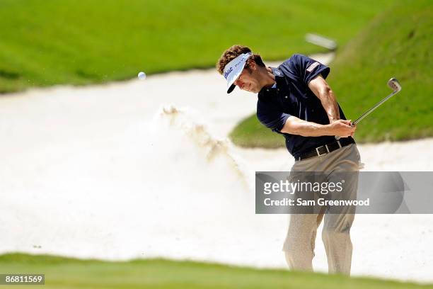 Michael Letzig plays from a bunker on the ninth hole during the second round of THE PLAYERS Championship on THE PLAYERS Stadium Course at TPC...