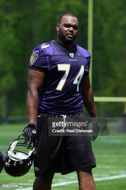 Offensive lineman Michael Oher of the Baltimore Ravens seen during minicamp at the practice facility on May 8, 2009 in Owings Mills, Maryland.