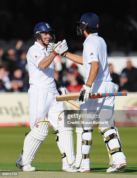 Andrew Strauss and Alastair Cook of England celebrate victory after day three of the 1st npower Test match between England and West Indies at Lord's...