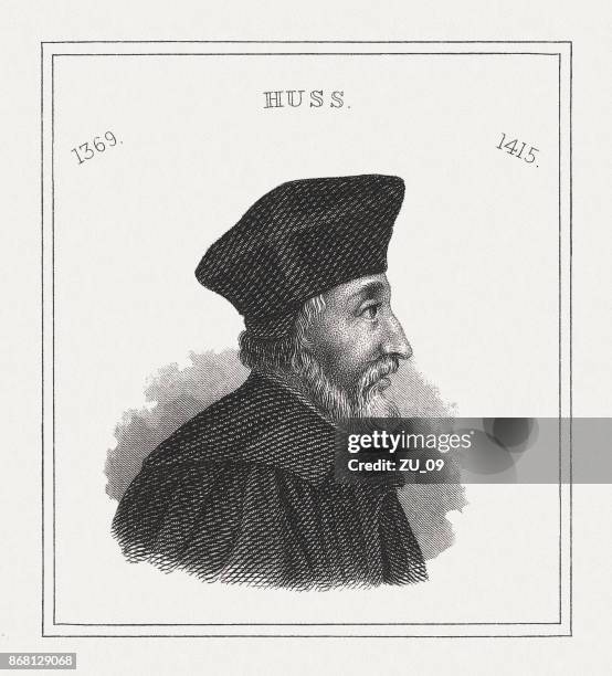 1月, 1369-1415, 捷克神父, 鋼版畫, 1843年出版 - hus 幅插畫檔、美工圖案、卡通及圖標