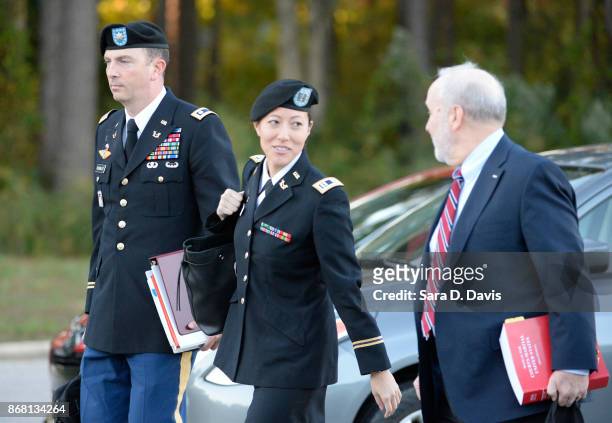 The defense team for U.S. Army Sgt. Robert Bowdrie 'Bowe' Bergdahl, Army Lt. Col. Franklin D. Rosenblatt, Capt. Nina Banks and Eugene R. Fidel arrive...