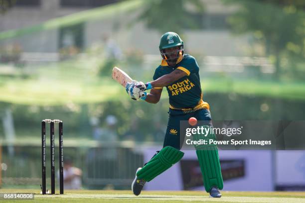 Ferisco Adams of South Africa hits a shot during Day 1 of Hong Kong Cricket World Sixes 2017 Group A match between South Africa vs Pakistan at...